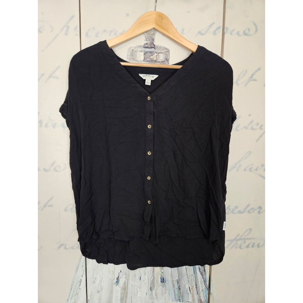 Orvis Button Front Top Large Black‎ Textured Crinkle Rayon V-Neck Blouse
